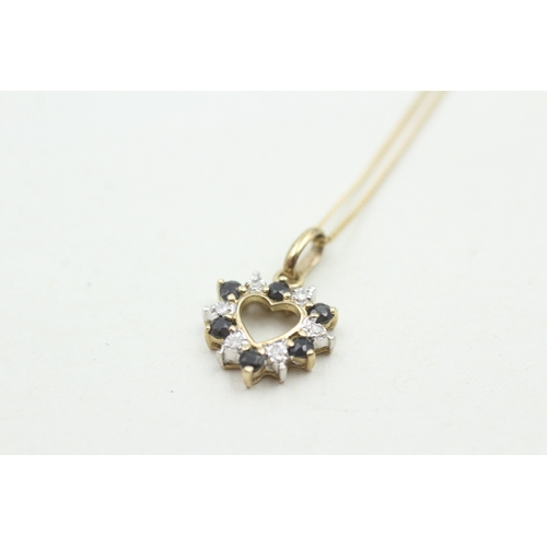 122 - 9ct gold diamond and sapphire heart pendant on chain (1.5g)