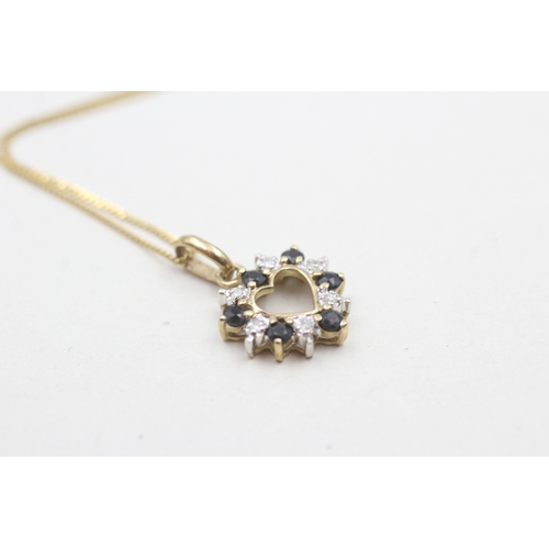 122 - 9ct gold diamond and sapphire heart pendant on chain (1.5g)