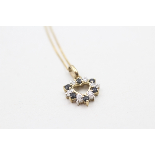 122 - 9ct gold diamond and sapphire heart pendant on chain (1.5g)