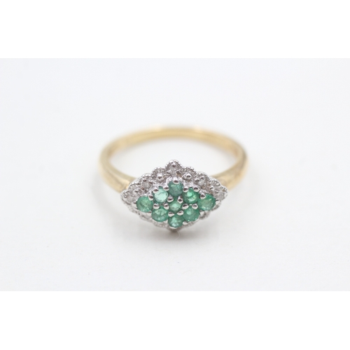 15 - 9ct gold emerald and diamond cluster ring (2.3g) Size P