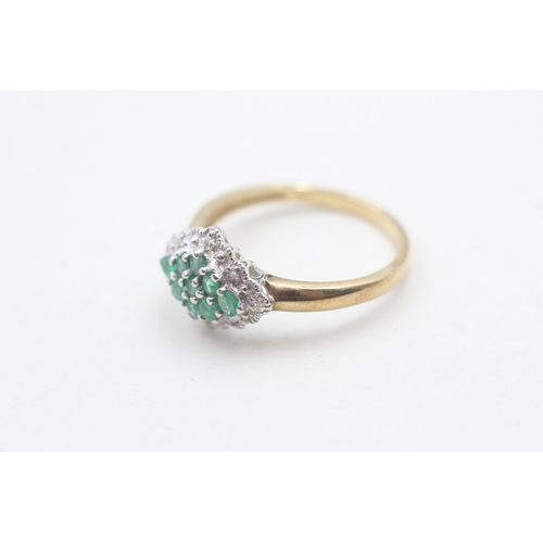 15 - 9ct gold emerald and diamond cluster ring (2.3g) Size P