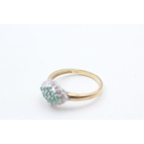 15 - 9ct gold emerald and diamond cluster ring (2.3g) Size P