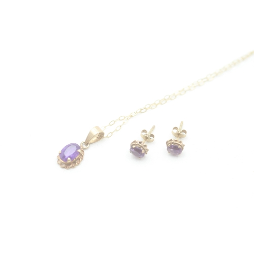 159 - 2 x 9ct gold amethyst stud earrings and necklace set (1.6g)