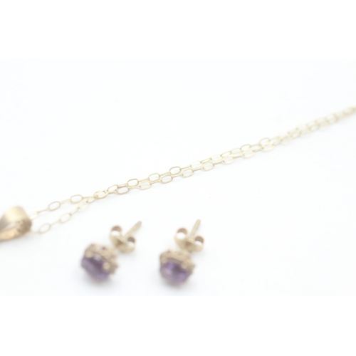 159 - 2 x 9ct gold amethyst stud earrings and necklace set (1.6g)