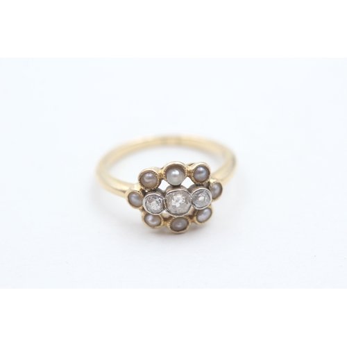 180 - 18ct gold antique diamond & seed pearl cluster ring (3.3g) Size L