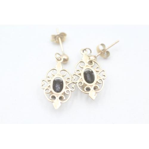 195 - 9ct gold and sapphire drop stud earrings (1.8g)