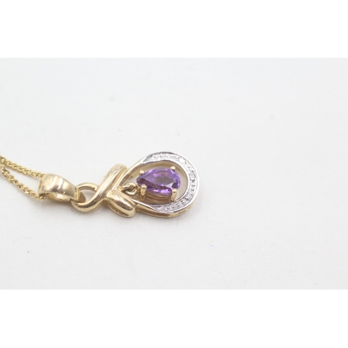 197 - 9ct gold diamond and amethyst pendant on chain (2.8g)