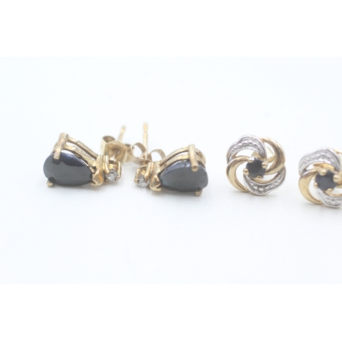 250 - 2 x 9ct gold sapphire and diamond teardrop earrings (2.2g)