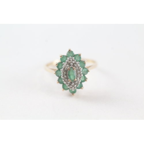 27 - 9ct gold emerald and diamond set marquise shaped ring (2.4g) Size O