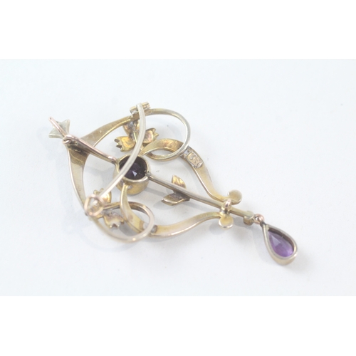 37 - 9ct gold vintage seed pearl and amethyst set pendant/brooch (6g)