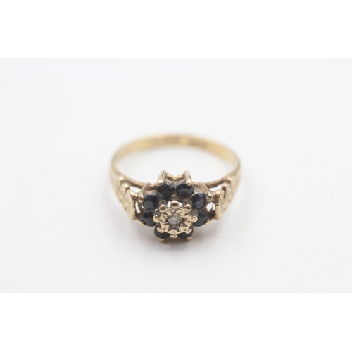 48 - 9ct gold diamond and sapphire flower cluster ring (2.3g) Size L