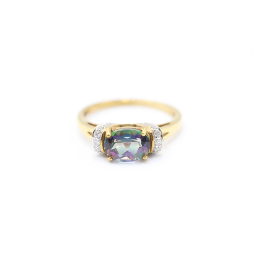 6 - 9ct gold mystic topaz and diamond ring (2.3g) Size N 1/2