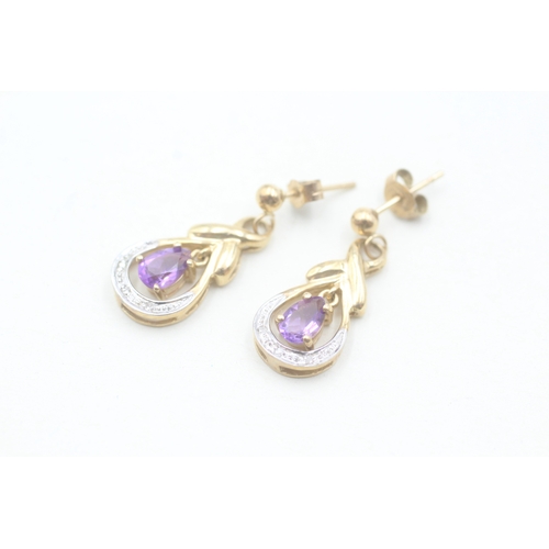 66 - 9ct gold amethyst and diamond drop stud earrings (2.6g)