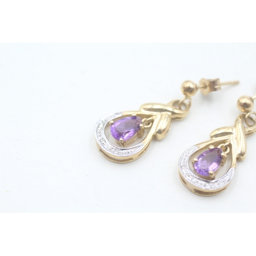 66 - 9ct gold amethyst and diamond drop stud earrings (2.6g)