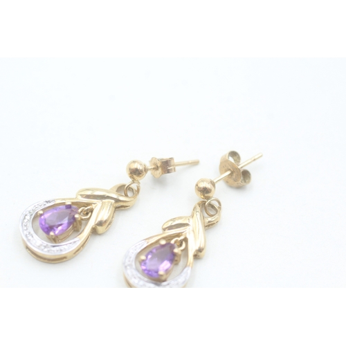 66 - 9ct gold amethyst and diamond drop stud earrings (2.6g)