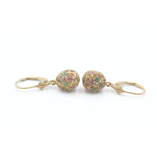 70 - 9ct gold ruby, emerald and sapphire lever back earrings (3g)