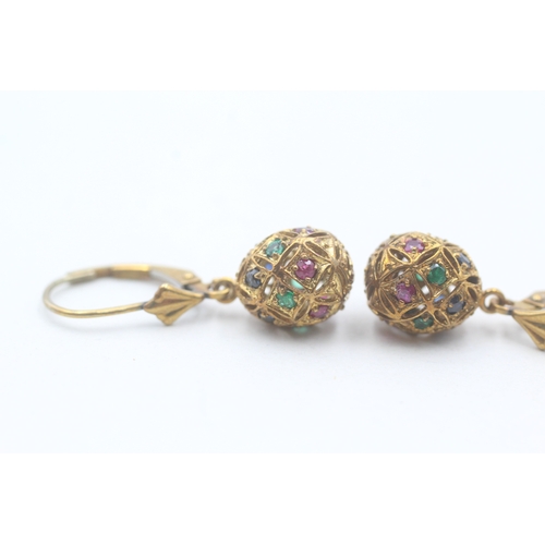 70 - 9ct gold ruby, emerald and sapphire lever back earrings (3g)