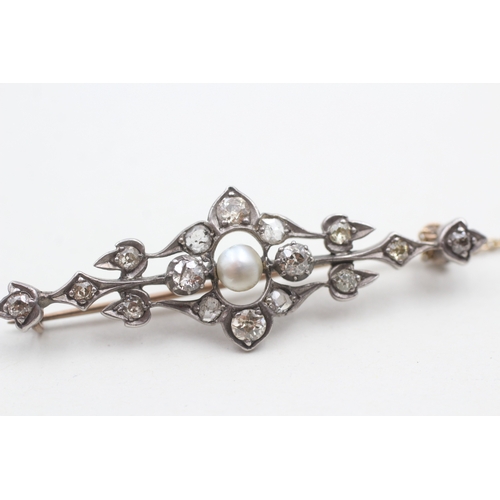 99 - 9ct gold antique diamond & pearl brooch (4.9g)