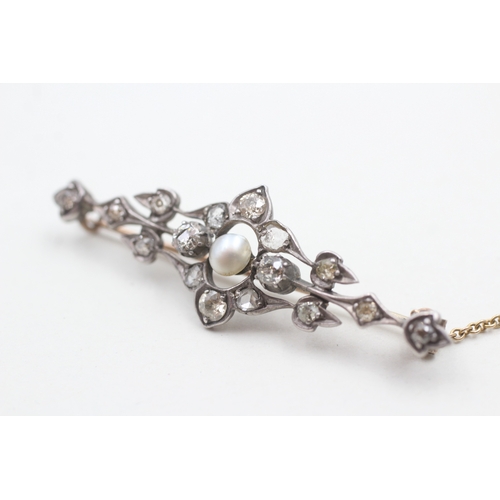 99 - 9ct gold antique diamond & pearl brooch (4.9g)