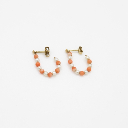 116 - 9ct gold pearl and coral drop stud earrings (1.6g)