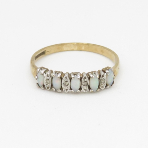 168 - 9ct gold opal & diamond half eternity ring (1.4g) Size N