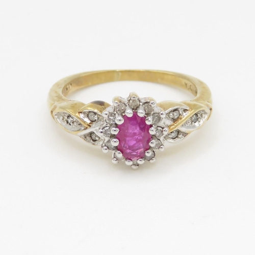 27 - 9ct gold diamond and ruby halo ring (3.6g) Size M