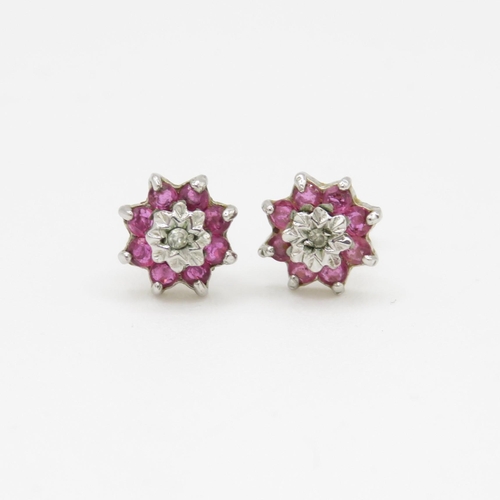 44 - 9ct gold diamond and ruby flower cluster stud earrings (1.1g)