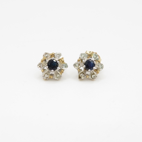 78 - 9ct gold sapphire and diamond flower cluster stud earrings (0.9g)