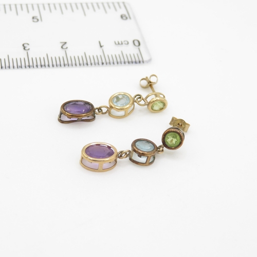 98 - 9ct gold amethyst, peridot & blue topaz drop earrings (1.7g)