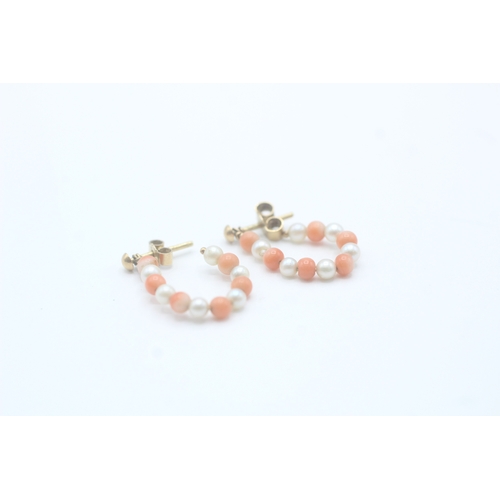 116 - 9ct gold pearl and coral drop stud earrings (1.6g)