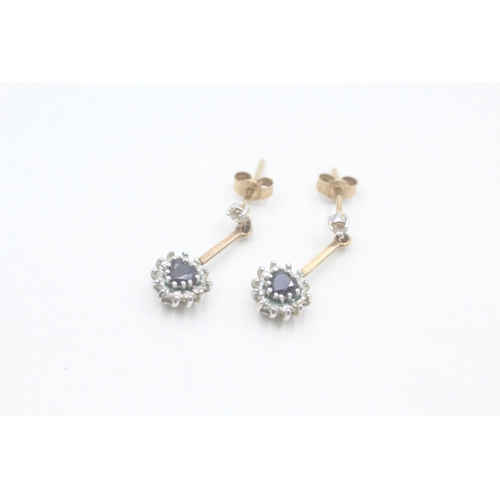 133 - 9ct gold sapphire and diamond heart halo drop earrings (2.2g)