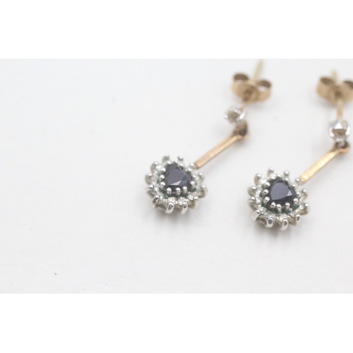 133 - 9ct gold sapphire and diamond heart halo drop earrings (2.2g)