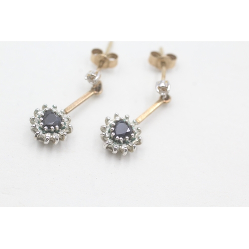 133 - 9ct gold sapphire and diamond heart halo drop earrings (2.2g)