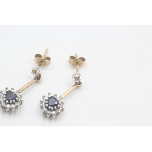 133 - 9ct gold sapphire and diamond heart halo drop earrings (2.2g)