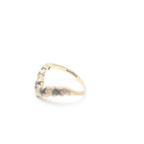 160 - 9ct gold sapphire and diamond set wishbone chevron ring (1.7g) AS SEEN - MISSHAPEN Size H