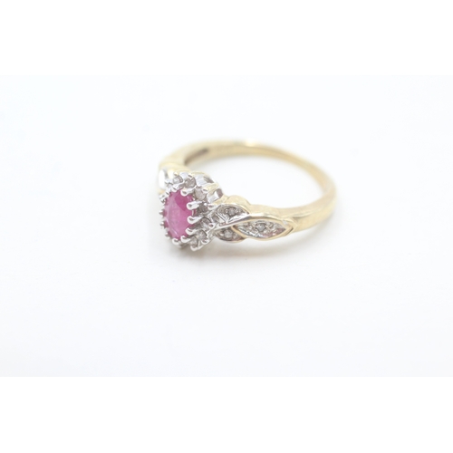 27 - 9ct gold diamond and ruby halo ring (3.6g) Size M