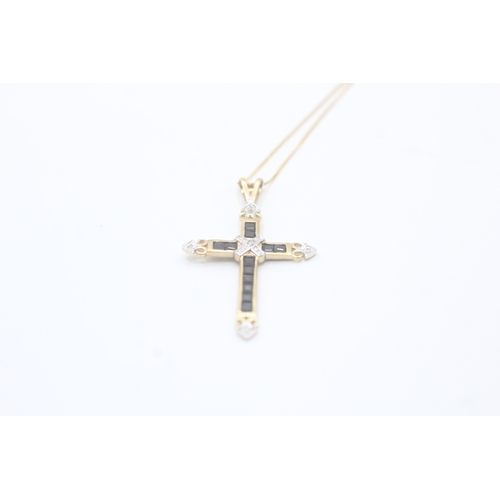 40 - 9ct gold sapphire and diamond cross pendant on chain (1.8g)