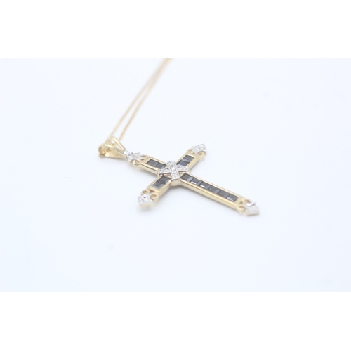 40 - 9ct gold sapphire and diamond cross pendant on chain (1.8g)