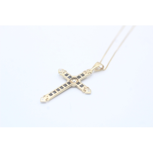 40 - 9ct gold sapphire and diamond cross pendant on chain (1.8g)