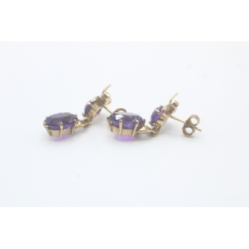 41 - 9ct gold amethyst patterned drop earrings (3.6g)