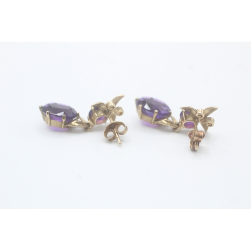 41 - 9ct gold amethyst patterned drop earrings (3.6g)