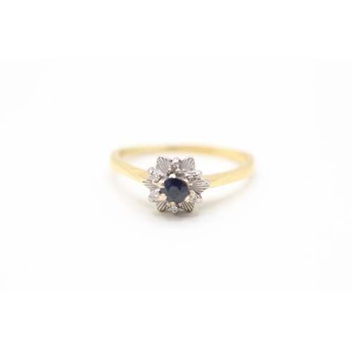 53 - 18ct gold sapphire & diamond floral cluster ring (2.5g) AS SEEN - MISSHAPEN Size L 1/2