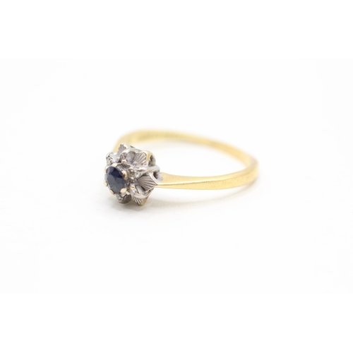 53 - 18ct gold sapphire & diamond floral cluster ring (2.5g) AS SEEN - MISSHAPEN Size L 1/2