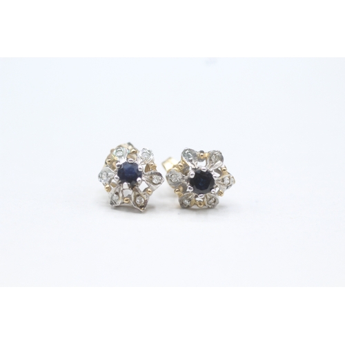 78 - 9ct gold sapphire and diamond flower cluster stud earrings (0.9g)