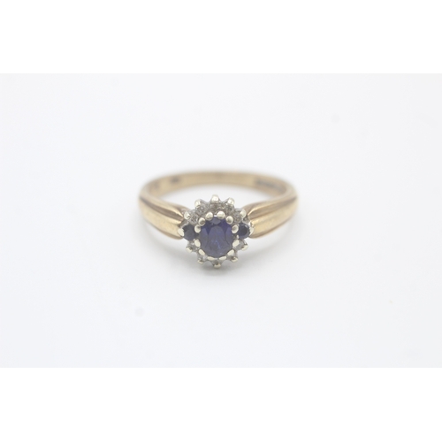 9 - 9ct gold diamond and blue gemstone halo set ring (3.6g) Size P