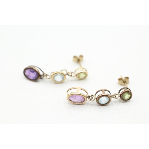 98 - 9ct gold amethyst, peridot & blue topaz drop earrings (1.7g)