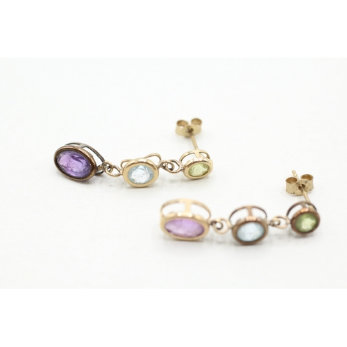 98 - 9ct gold amethyst, peridot & blue topaz drop earrings (1.7g)