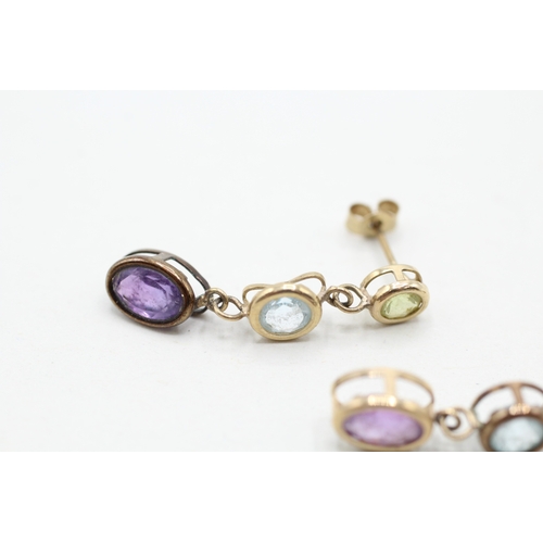 98 - 9ct gold amethyst, peridot & blue topaz drop earrings (1.7g)