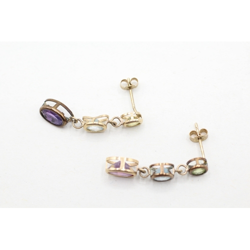 98 - 9ct gold amethyst, peridot & blue topaz drop earrings (1.7g)