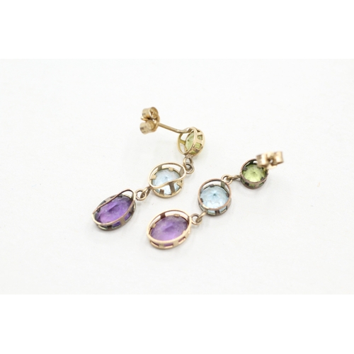 98 - 9ct gold amethyst, peridot & blue topaz drop earrings (1.7g)